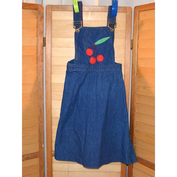 Vintage Girls Dress Overalls Prairie with Cherries - Picture 1 of 6